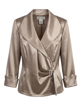 J.R. Nites Woman Taupe Satin Draped Wrap Blazer with Jeweled Buckle
